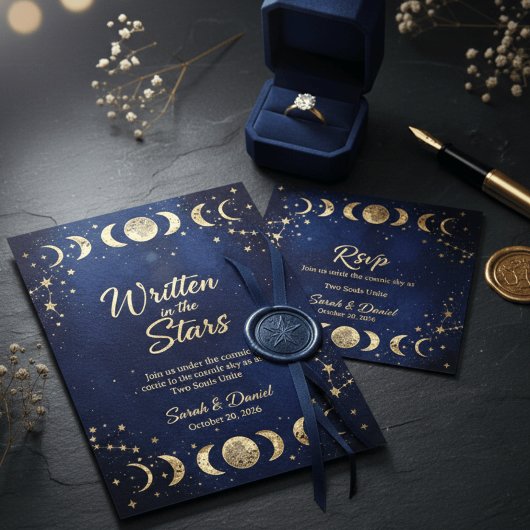 Modern Celestial Navy and Gold Moon Stars Wedding Kaart