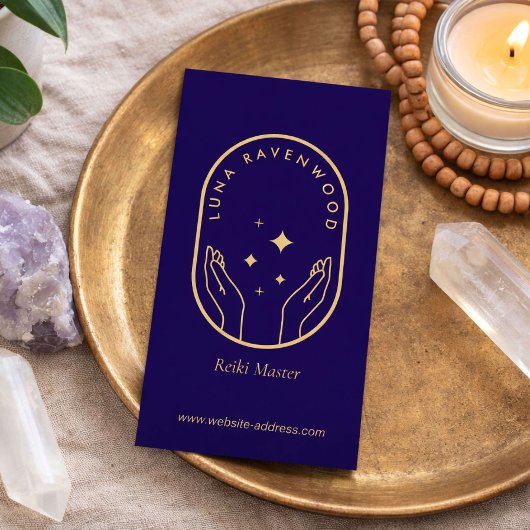 Modern Celestial Reiki Master Healing Hands Blue Visitekaartje