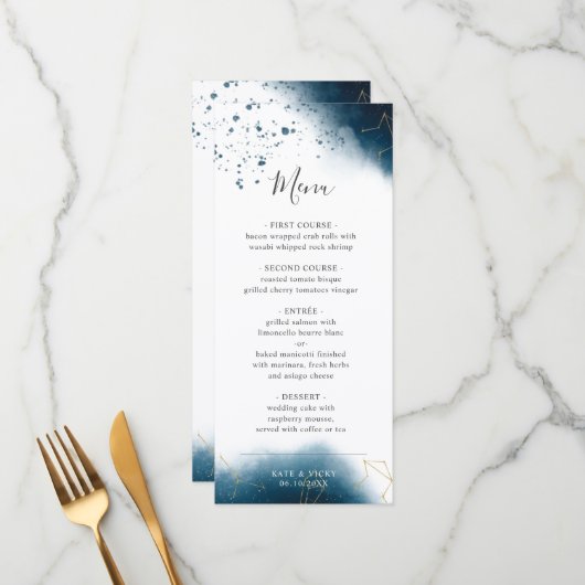 Modern Celestial Waterverf Wedding Dinner Menu (Voorkant / Achterkant in situ)