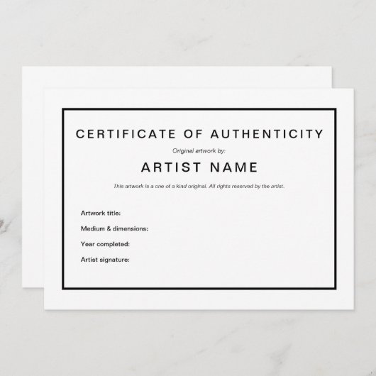 Modern Certificaat van Echtheid voor Kunst Aankondiging (Voorkant / Achterkant)