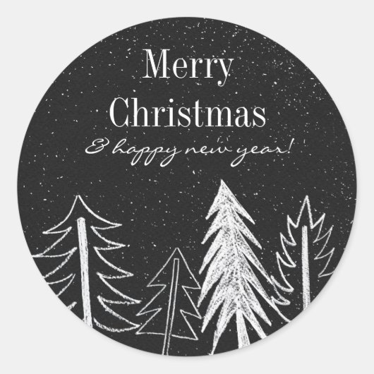 Modern Chalk Snowy Trees Holiday Ronde Sticker (Voorkant)