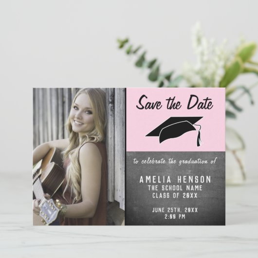Modern Chalkboard Afstuderen Save the Date Photo Aankondiging (Staand voorkant)