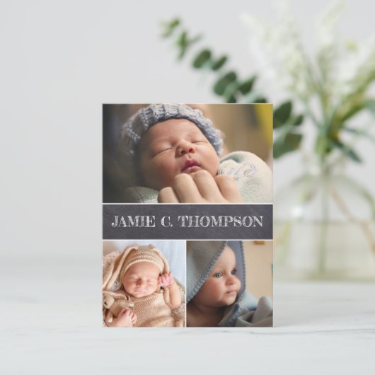 Modern Chalkboard Baby Jongensnaam Foto's Geboorte Briefkaart (Staand voorkant)