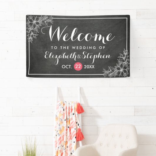 Modern Chalkboard Bloemen Lijst Bruiloft Welkom Spandoek (Insitu)