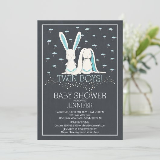 Modern Chalkboard Bunny TWIN Boys Baby shower Kaart (Staand voorkant)