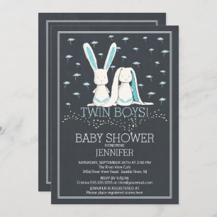 Modern Chalkboard Bunny TWIN Boys Baby shower Kaart