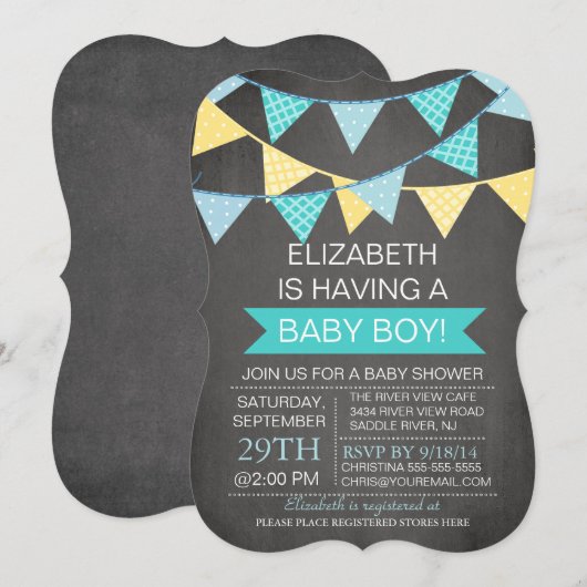 Modern Chalkboard Bunting Boys Baby shower Kaart (Voorkant / Achterkant)