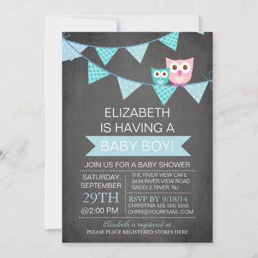 Modern Chalkboard Bunting Owl Boy Baby shower Kaart (Voorkant)