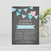 Modern Chalkboard Bunting Owl Boy Baby shower Kaart (Staand voorkant)