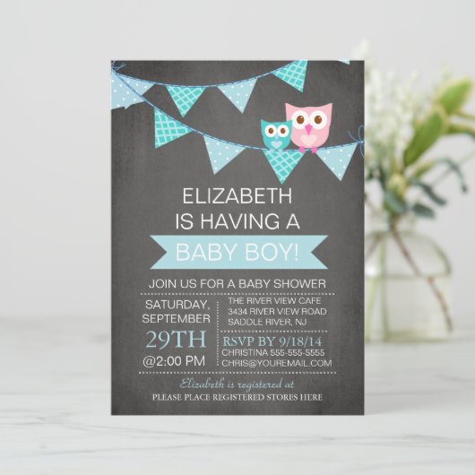 Modern Chalkboard Bunting Owl Boy Baby shower Kaart (Staand voorkant)