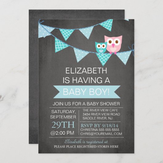 Modern Chalkboard Bunting Owl Boy Baby shower Kaart (Voorkant / Achterkant)