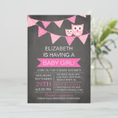 Modern Chalkboard Bunting Owl GIRL Baby shower Kaart (Staand voorkant)