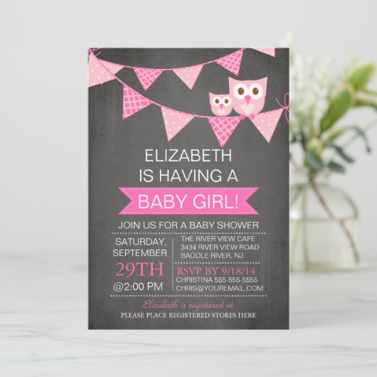 Modern Chalkboard Bunting Owl GIRL Baby shower Kaart (Staand voorkant)