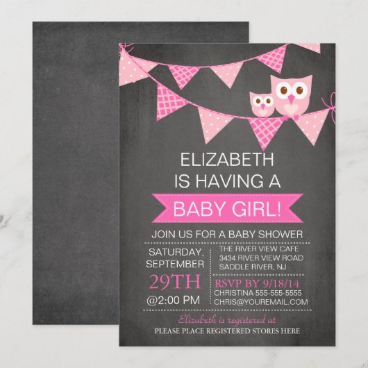 Modern Chalkboard Bunting Owl GIRL Baby shower Kaart (Voorkant / Achterkant)