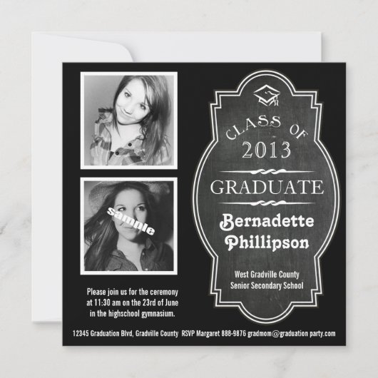 Modern Chalkboard Double Photo Afstuderen Ceremony Kaart (Voorkant)