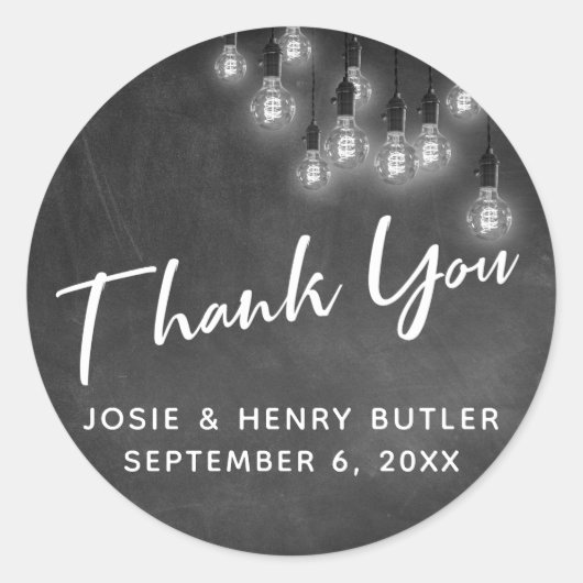 Modern Chalkboard & Edison Lights Dank u Ronde Sticker (Voorkant)