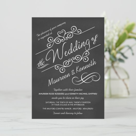 Modern Chalkboard Fancy Scrolls Wedding Uitnodigin Kaart (Staand voorkant)