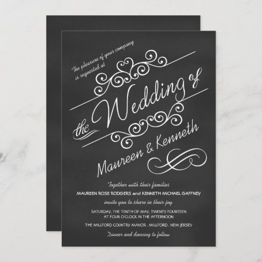 Modern Chalkboard Fancy Scrolls Wedding Uitnodigin Kaart (Voorkant / Achterkant)
