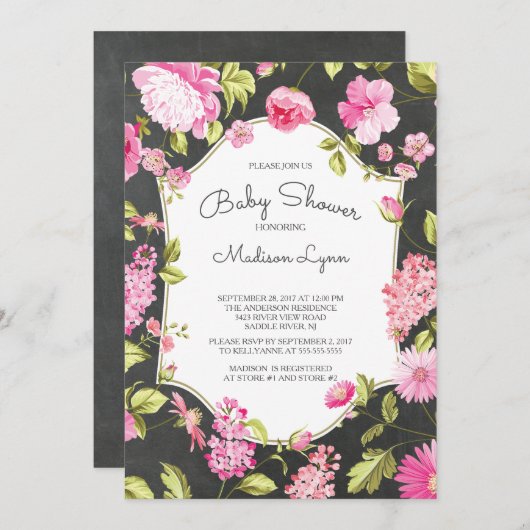 Modern Chalkboard Floral Baby shower Invitation Kaart (Voorkant / Achterkant)