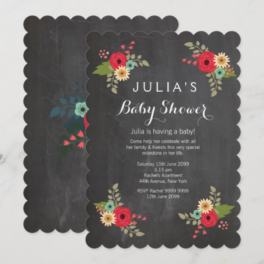 Modern Chalkboard Floral Baby shower Invite Kaart (Voorkant / Achterkant)