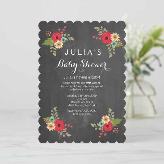 Modern Chalkboard Floral Baby shower Invite Kaart (Staand voorkant)