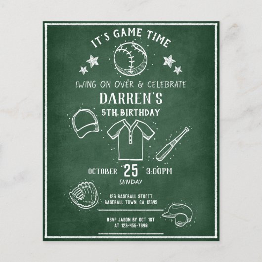 Modern Chalkboard Honkbal Budget Verjaardag Uitnod (Voorkant)