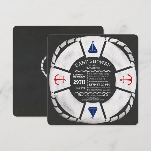 Modern Chalkboard Nautical Baby shower Invitation Kaart (Voorkant / Achterkant)