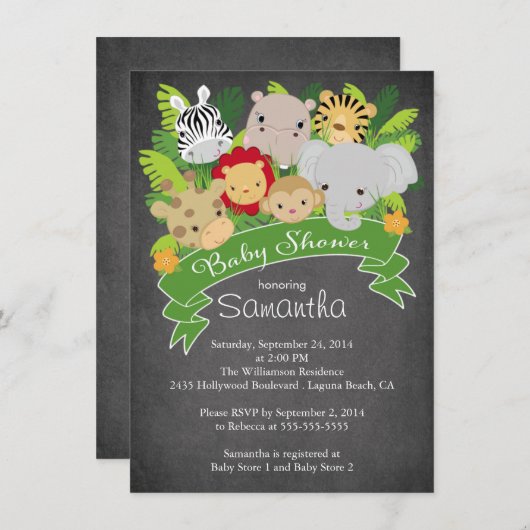 Modern Chalkboard Oerwoud Safari Dier Baby shower Kaart (Voorkant / Achterkant)