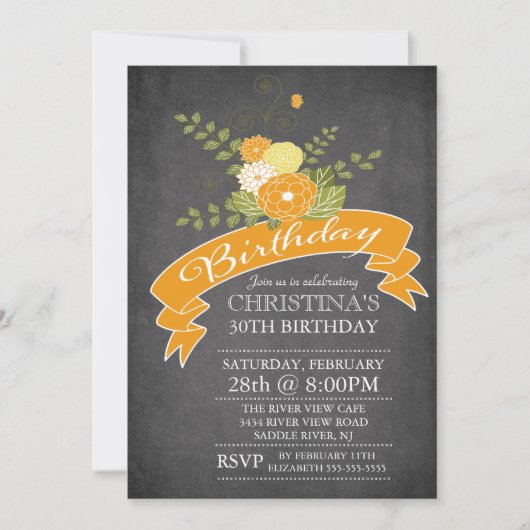 Modern Chalkboard Oranje Flowers Birthday Party Kaart (Voorkant)