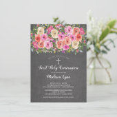 Modern Chalkboard Pink Floral First Heilige Commun Kaart (Staand voorkant)