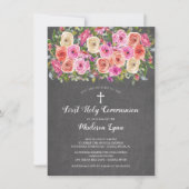 Modern Chalkboard Pink Floral First Heilige Commun Kaart (Voorkant)