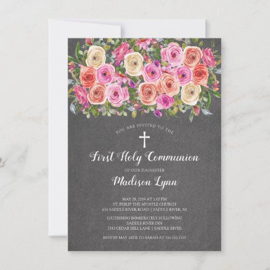 Modern Chalkboard Pink Floral First Heilige Commun Kaart (Voorkant)