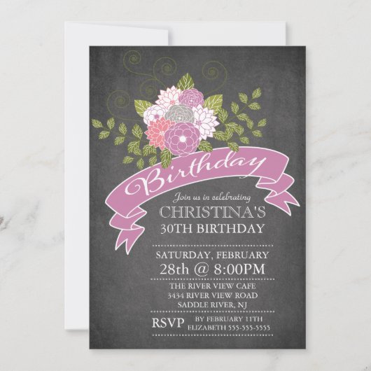 Modern Chalkboard Purple Flowers Birthday Party Kaart (Voorkant)