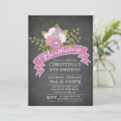 Modern Chalkboard Purple Flowers Birthday Party Kaart (Staand voorkant)
