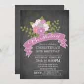 Modern Chalkboard Purple Flowers Birthday Party Kaart (Voorkant / Achterkant)