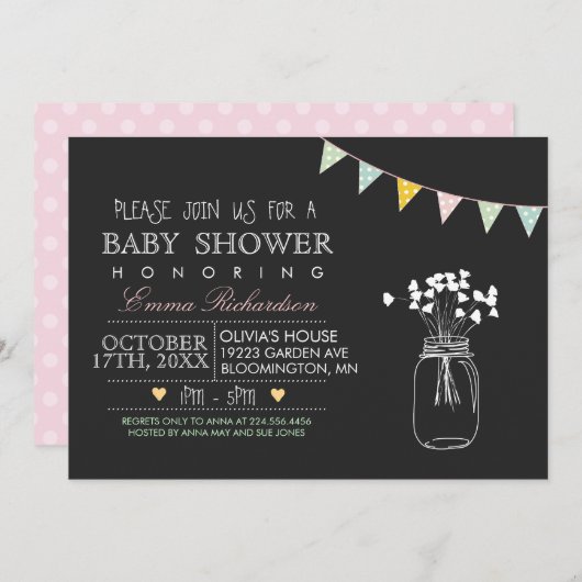 Modern Chalkboard Roze Baby shower-uitnodiging Kaart (Voorkant / Achterkant)