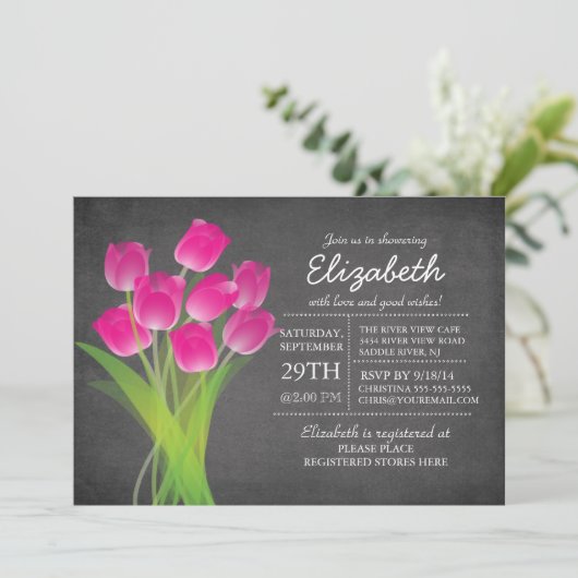 Modern Chalkboard Roze Tulp Vrijgezellenfeest Kaart (Staand voorkant)
