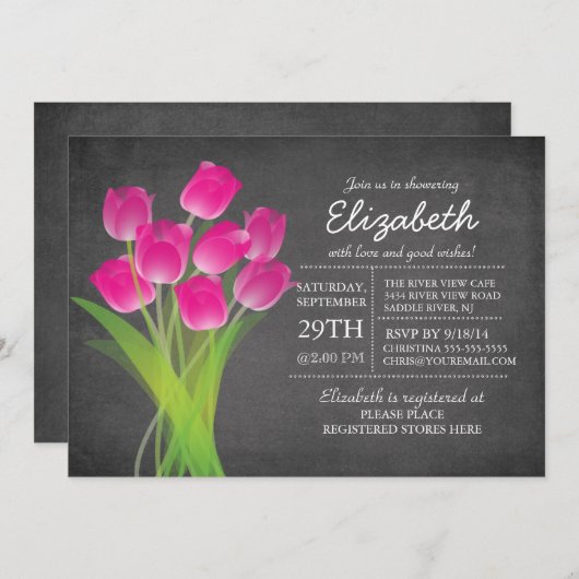 Modern Chalkboard Roze Tulp Vrijgezellenfeest Kaart (Voorkant / Achterkant)