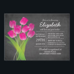 Modern Chalkboard Roze Tulp Vrijgezellenfeest Kaart<br><div class="desc">Moderne Chalkboard Pink Tulip Bridal Shower-uitnodiging met een populaire chalkboardachtergrond met een  bouquet van prachtige roze tulpen.  Perfect hedendaagse brudale doucheuitnodiging voor een vrijgezellenfeest van de lente of de zomer.</div>