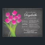 Modern Chalkboard Roze Tulp Vrijgezellenfeest Kaart<br><div class="desc">Moderne Chalkboard Pink Tulip Bridal Shower-uitnodiging met een populaire chalkboardachtergrond met een  bouquet van prachtige roze tulpen.  Perfect hedendaagse brudale doucheuitnodiging voor een vrijgezellenfeest van de lente of de zomer.</div>