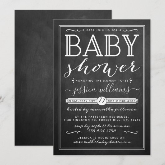 Modern Chalkboard Trendy Typography Baby shower Kaart (Voorkant / Achterkant)