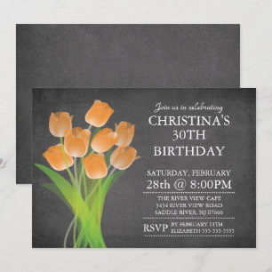 Modern Chalkboard Typographic Tulip Birthday Party Kaart