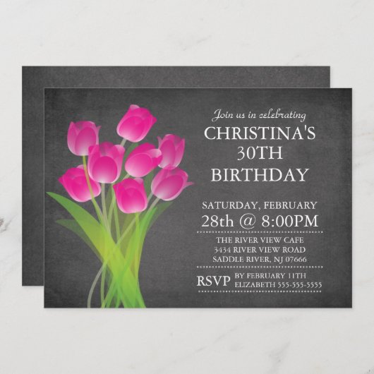 Modern Chalkboard Typographic Tulip Birthday Party Kaart (Voorkant / Achterkant)