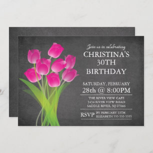 Modern Chalkboard Typographic Tulip Birthday Party Kaart