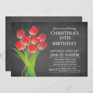 Modern Chalkboard Typographic Tulip Birthday Party Kaart