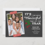 Modern Chalkboard Typography Holiday Photo Card Feestdagenkaart<br><div class="desc">Stijlvol en modern zwart karton "het is de mooiste tijd van het jaar" kerstfotokaart met een groene denergie,  rode bessen en trendy washi-tape.</div>