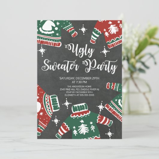 Modern Chalkboard Ugly Sweater Winter Party Kaart (Staand voorkant)