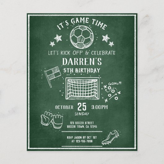 Modern Chalkboard Voetbal Budget Verjaardag Uitnod (Voorkant)