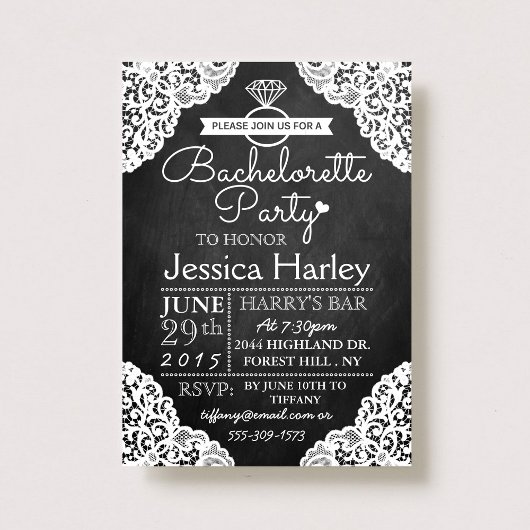 Modern Chalkboard & White Lace Bachelorette Party Kaart