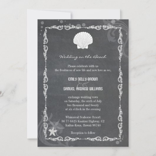 Modern Chalkboard Zee Shell Beach Wedding Kaart (Voorkant)